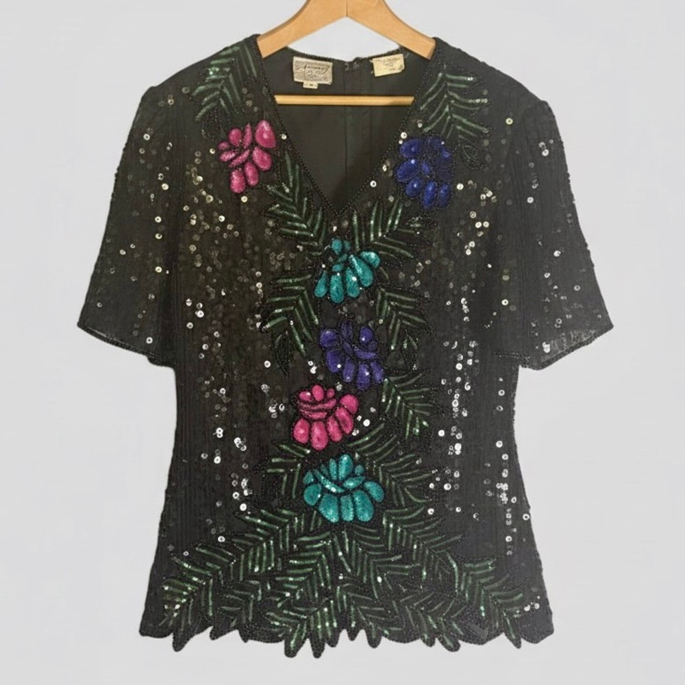 Vintage Stenay 100% Silk Sequin Beaded Floral Evening Top Black Short Sleeve S